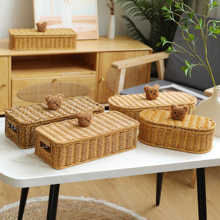 Decorative Woven Storage Box with Cute Bear Lid Kalsten