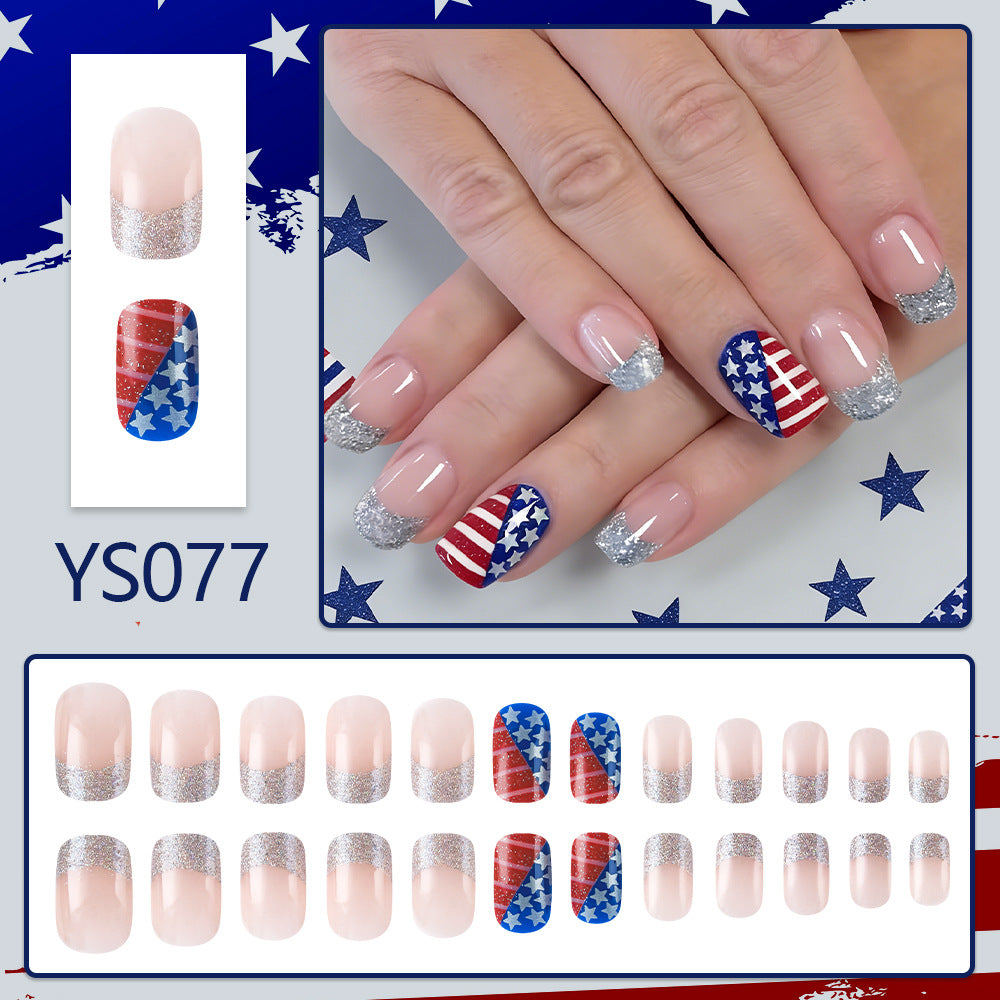 Women's nan patriotic flag patterned press-on nail set with glitter French tips Kalsten