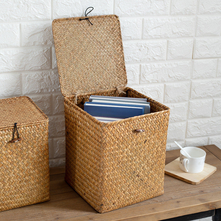 Unisex Rectangular Storage Basket with Lid made of Natural Material Kalsten