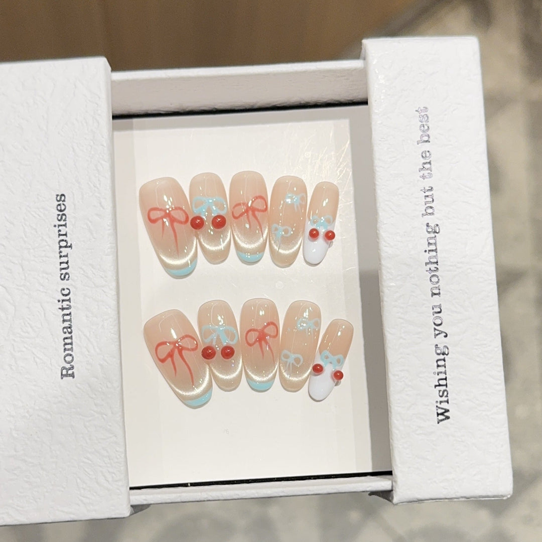 Artificial nail tips with romantic bow and cherry motifs Kalsten