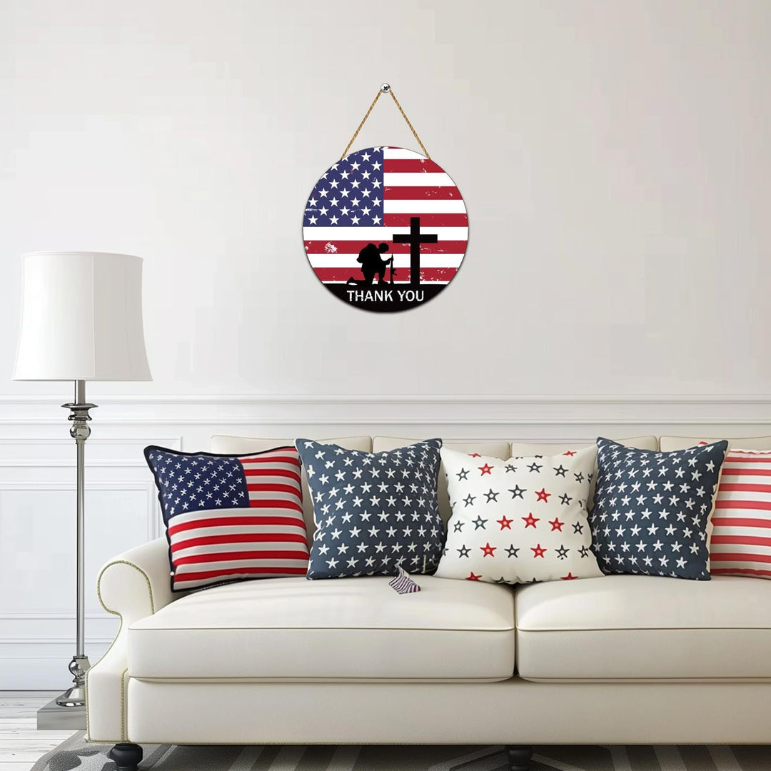Unisex nan round wooden wall plaque with cross and soldier silhouette as well as jute rope hanging Kalsten