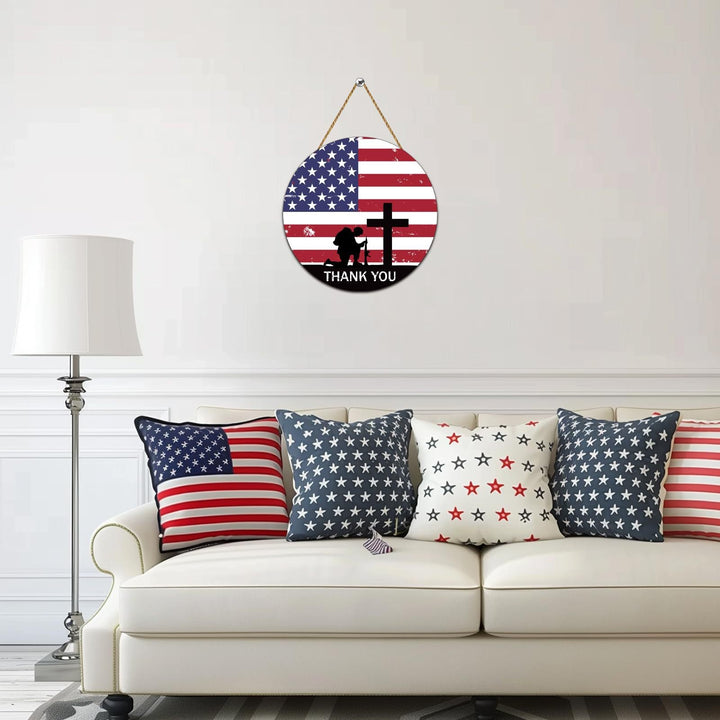 Unisex nan round wooden wall plaque with cross and soldier silhouette as well as jute rope hanging Kalsten