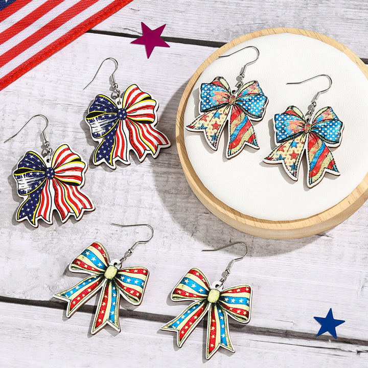 Ladies nan lightweight wooden earrings bow pendant with hook closure and vintage pattern Kalsten