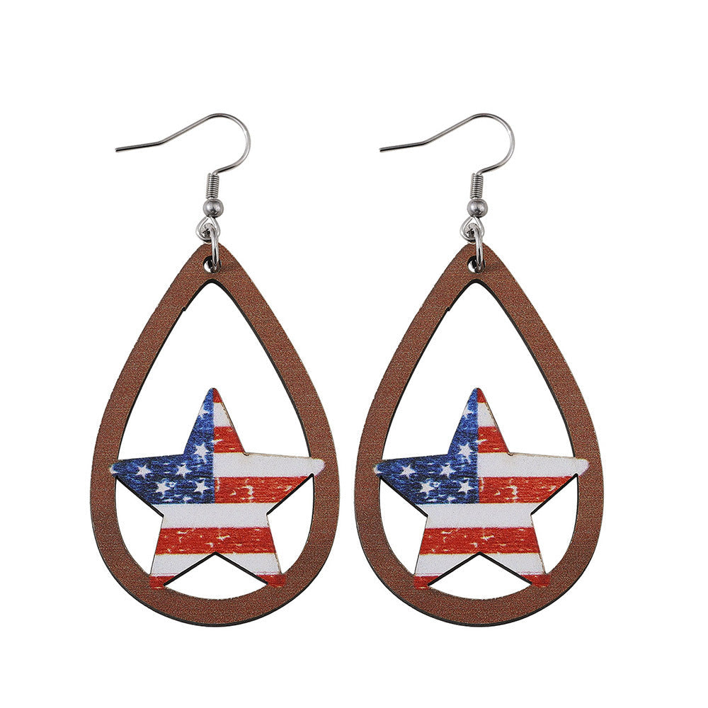 Women's nan patriotic teardrop wooden dangle earrings with star stripe cutout Kalsten