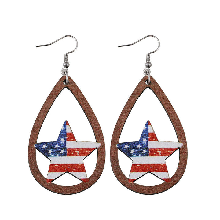 Ladies' nan teardrop-shaped wooden earrings with multi-layer star and stripe appliqué and nickel-free ear hooks Kalsten