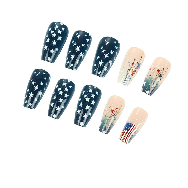 Women's nan long coffin press-on nails patriotic flag starburst full cover reusable Kalsten