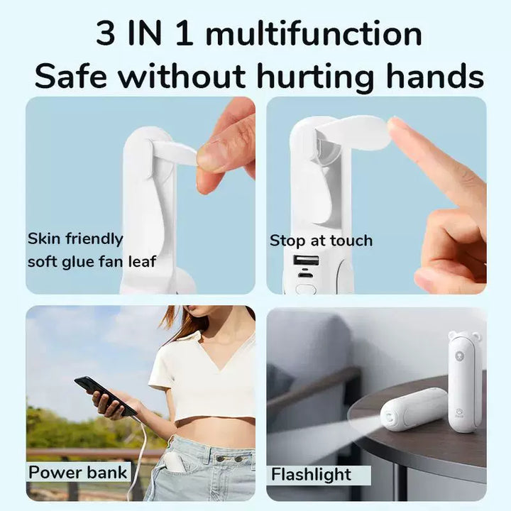 Unisex One Size Foldable Rechargeable Triple Handheld Mini Fan with Integrated Power Bank USB-C and USB-A Ports and Wrist Strap Kalsten