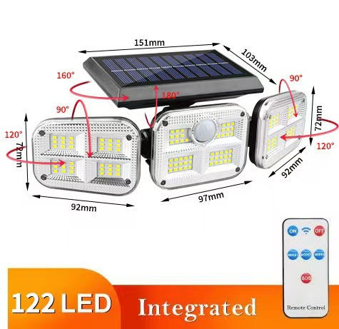 Outdoor Solar Triple-Head LED Security Floodlight With PIR Motion Sensor And Adjustable Swivel Mounts Kalsten
