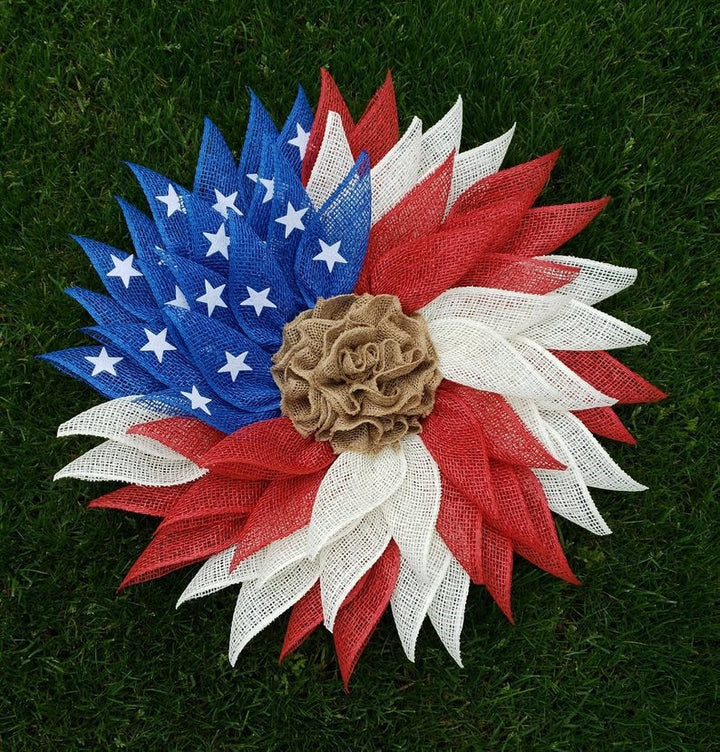 Unisex nan patriotic burlap starburst wreath with layered mesh petals and jute rosette center Kalsten