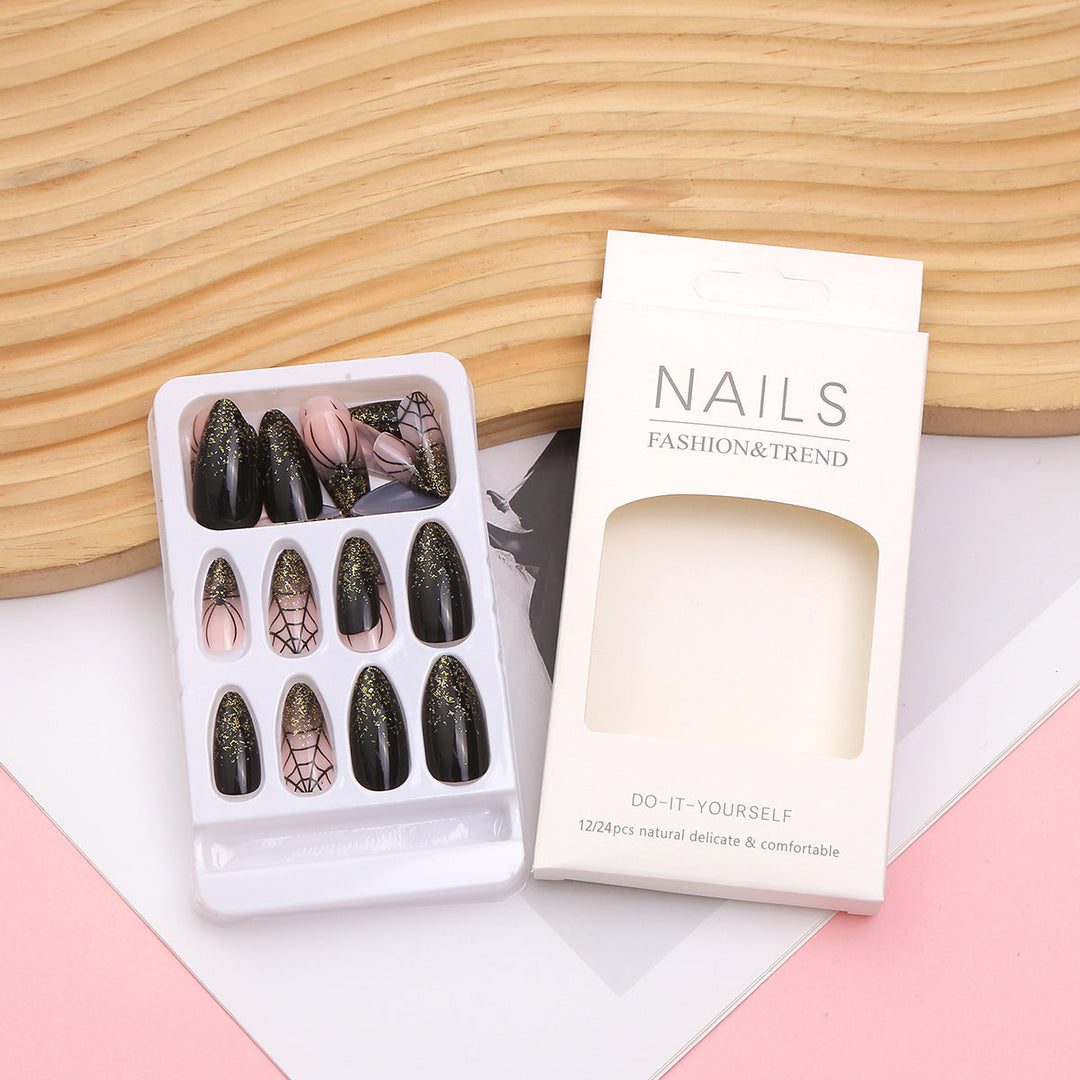 Artistic Press-On Nail Set with Glitter and Spider Web Design Kalsten