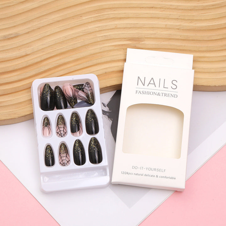 Artistic Press-On Nail Set with Glitter and Spider Web Design Kalsten