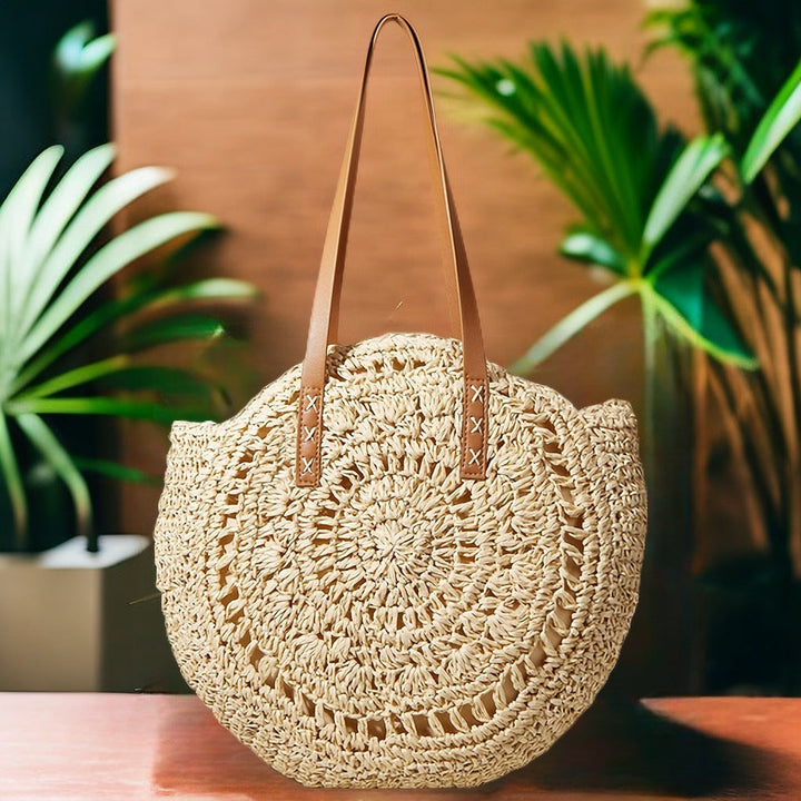 Handcrafted Round Straw Bag with Elegant Leather Handles Kalsten