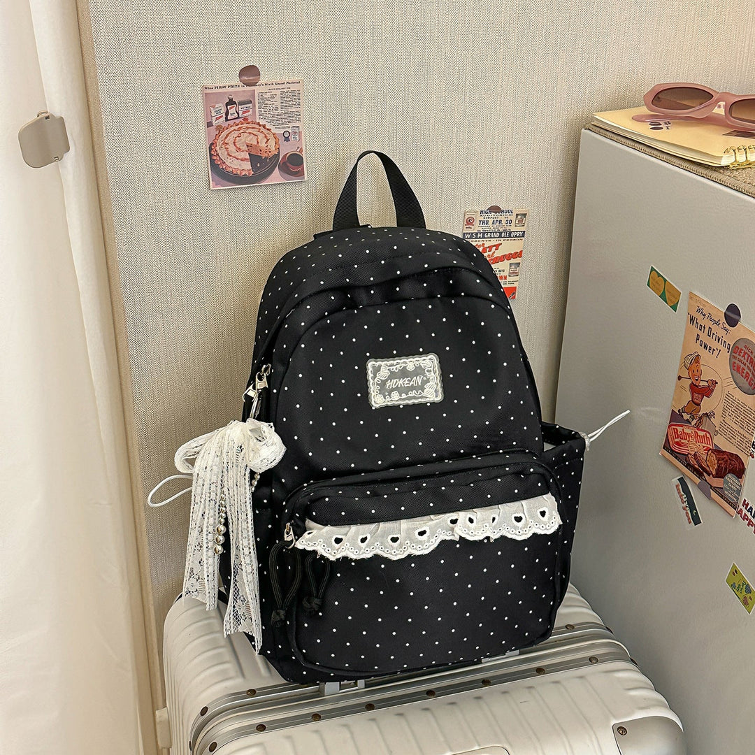 Charming Lace-Trimmed Polka Dot School Backpack