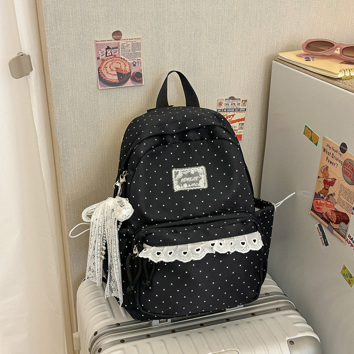 Charming Lace-Trimmed Polka Dot School Backpack