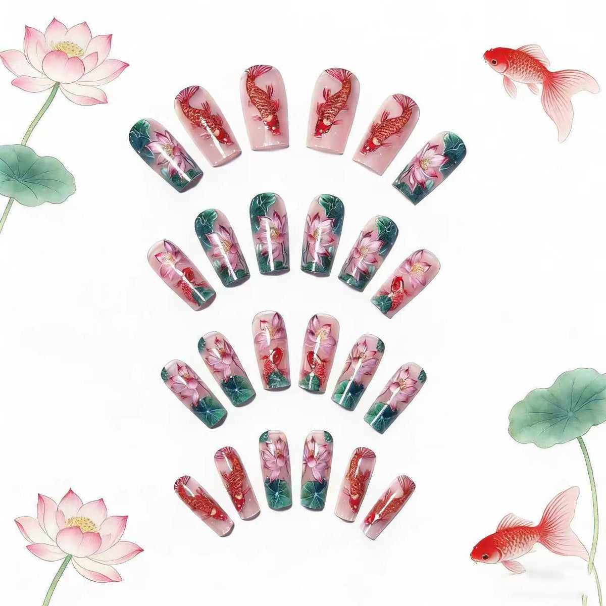 Artistic Water Lily and Koi Fish Nail Art Acalora