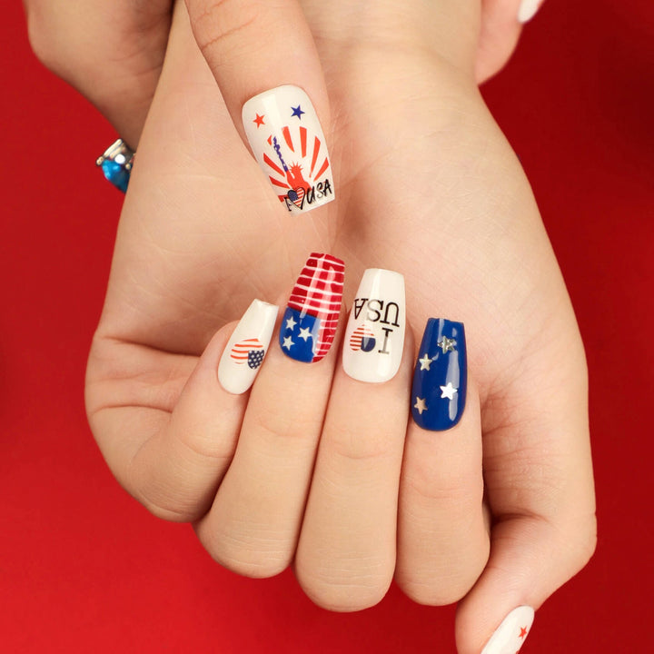 Women's nan long glossy patriotic press-on acrylic nails set with star and flag decals Kalsten