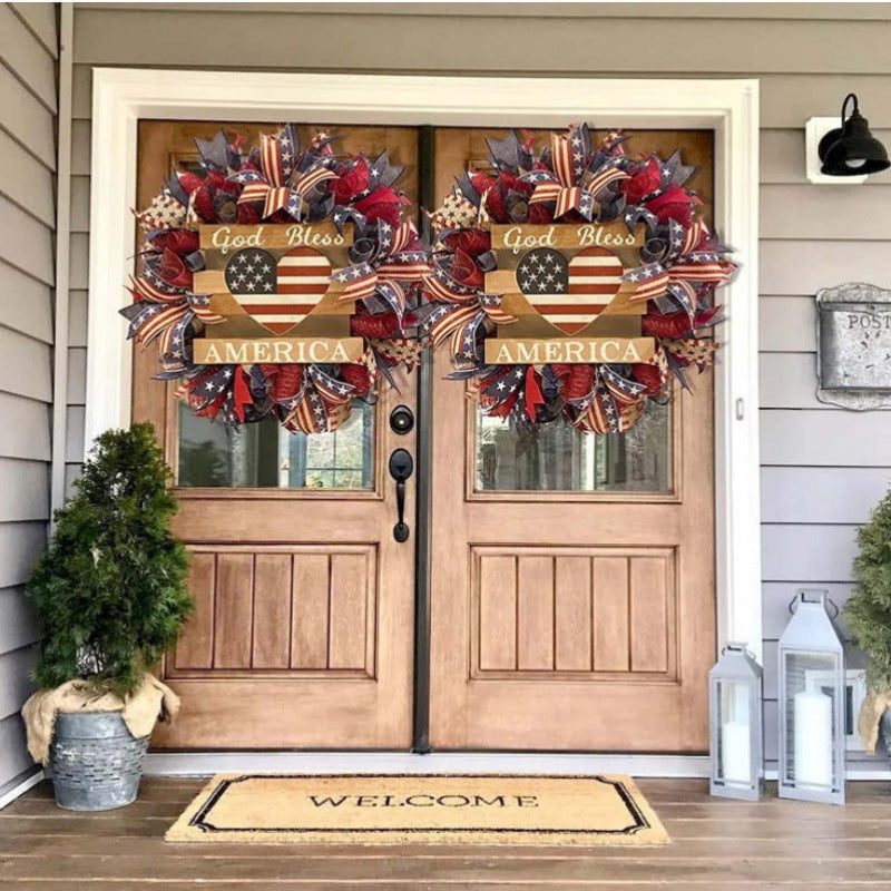 Unisex rustic patriotic door wreath with wooden sign heart motif and bow bouquet Kalsten