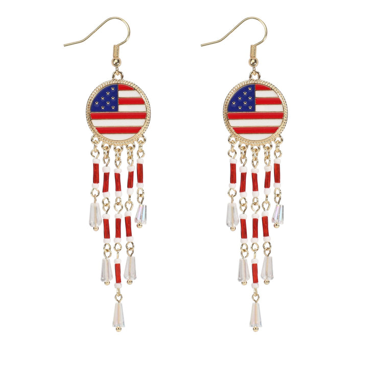 Women's nan long beaded fringe dangle earrings with enamel flag medallion and crystal drops Kalsten
