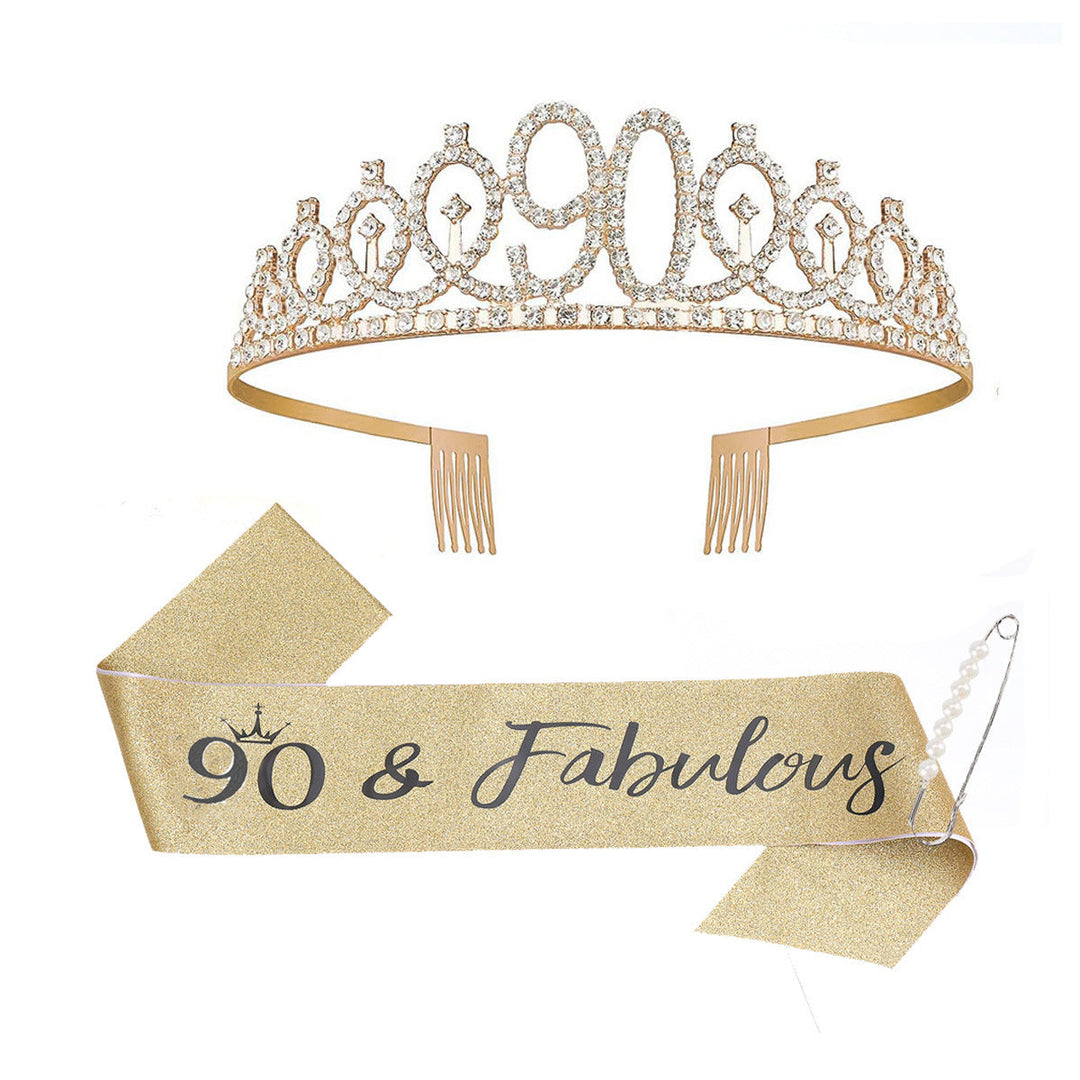 Women Crystal-Embellished Birthday Crown with Personalized Sash Kalsten