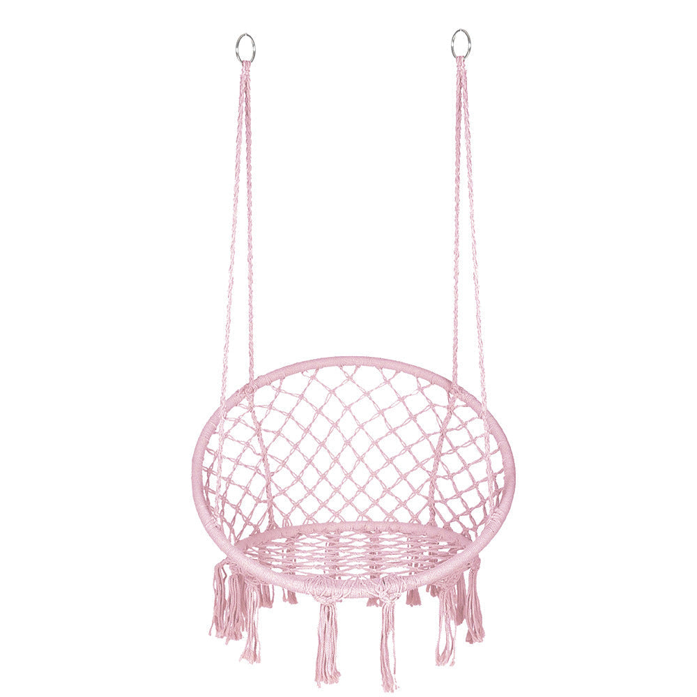 Macrame hanging chair with complete ceiling mounting kit and decorative tassel fringe Kalsten