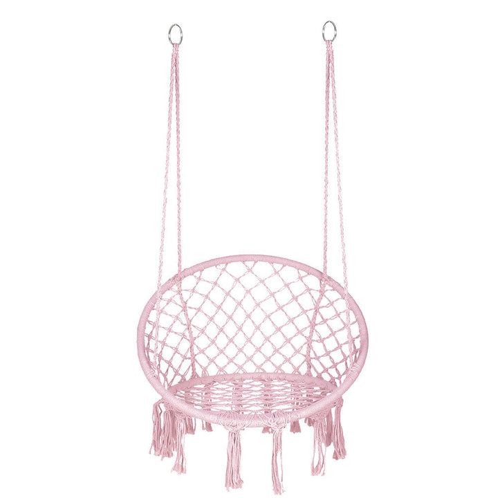 Macrame hanging chair with complete ceiling mounting kit and decorative tassel fringe Kalsten