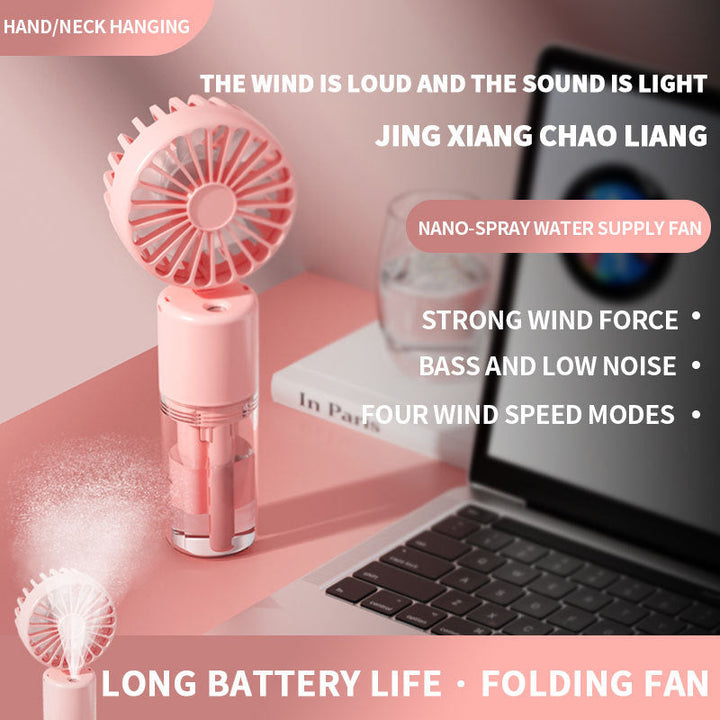 Cooling compact rechargeable folding misting handheld fan with transparent water reservoir detachable base and four speed brushless motor Kalsten