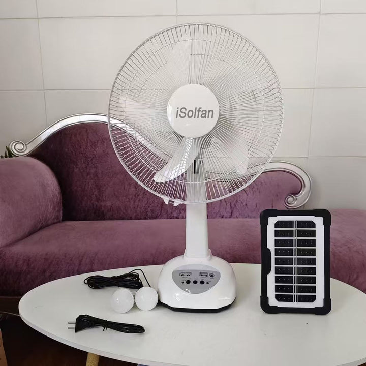 Women's solar-powered pedestal fan with integrated LED lighting and flexible control system Kalsten