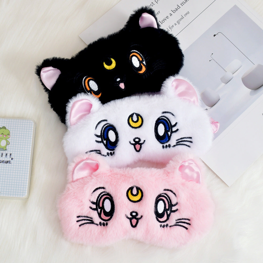 Women's fluffy sleep mask with embroidered cat design and soft comfort ears Kalsten