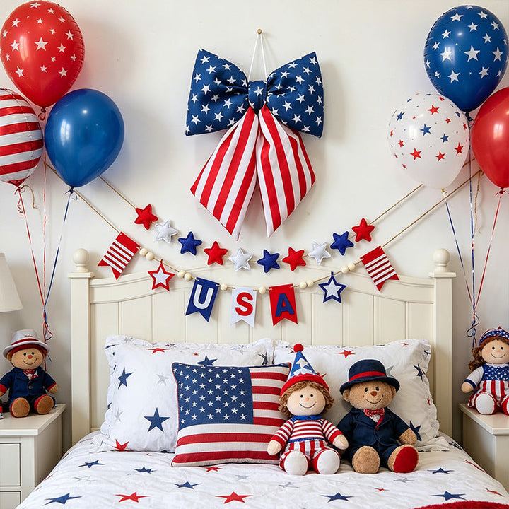 Women with large bow hair clip featuring patriotic star stripe motif Kalsten