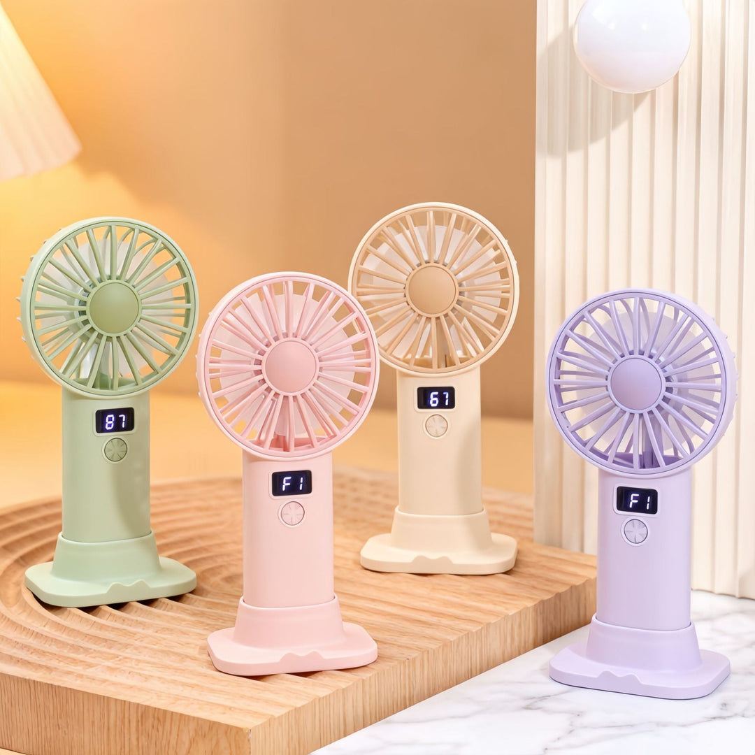 Unisex compact USB battery hand fan with LCD display and three-speed Kalsten