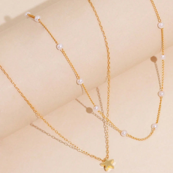 Layered Pearl and Star Pendant Necklace Kalsten