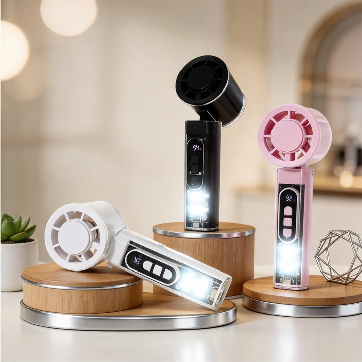 Women Portable Hand Fan with Temperature Display and LED Lighting Kalsten