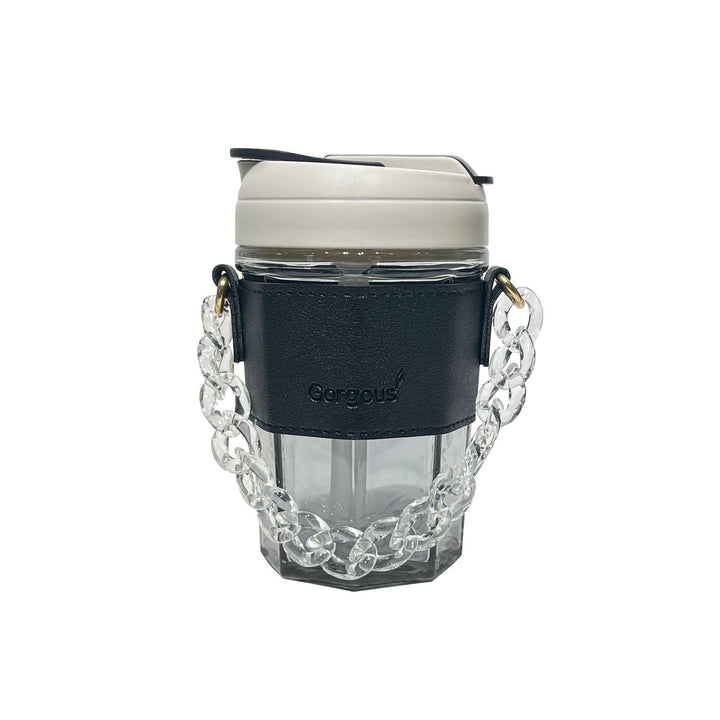 Women drinking cup with elegant leather handle and practical carrying chain Kalsten