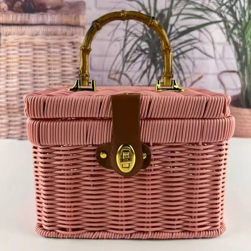 Women's Handwoven Rattan Storage Basket with Belly Pocket Kalsten