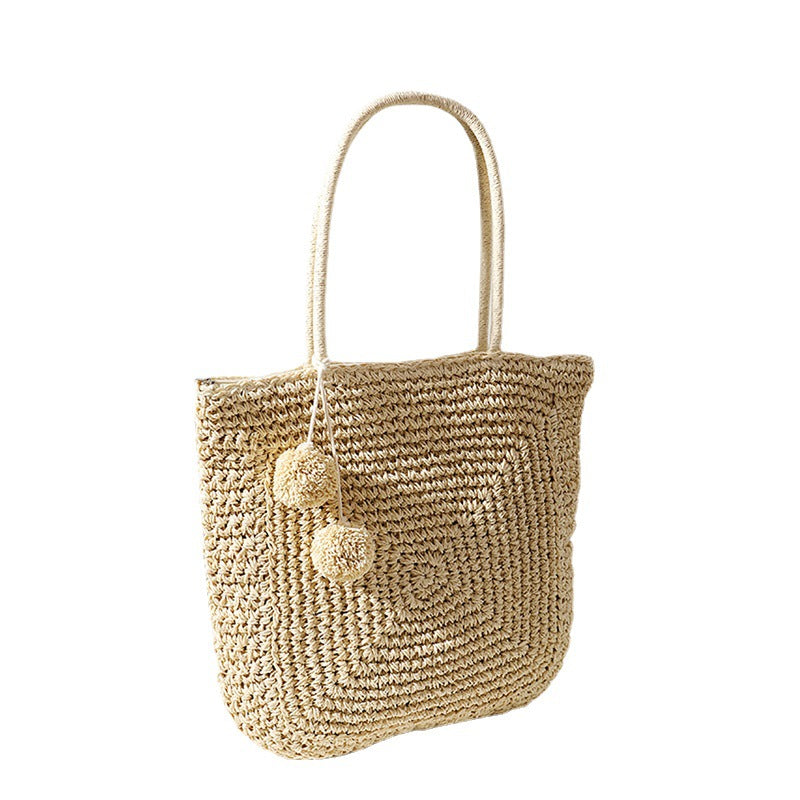 Handmade straw bag with pompom details Kalsten