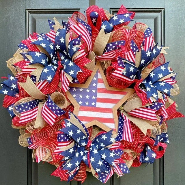 Unisex nan Patriotic Americana Heart Flag Wreath with Ribbon Mesh, Wooden Heart Cutout and Star Accent Bowlsift Kalsten