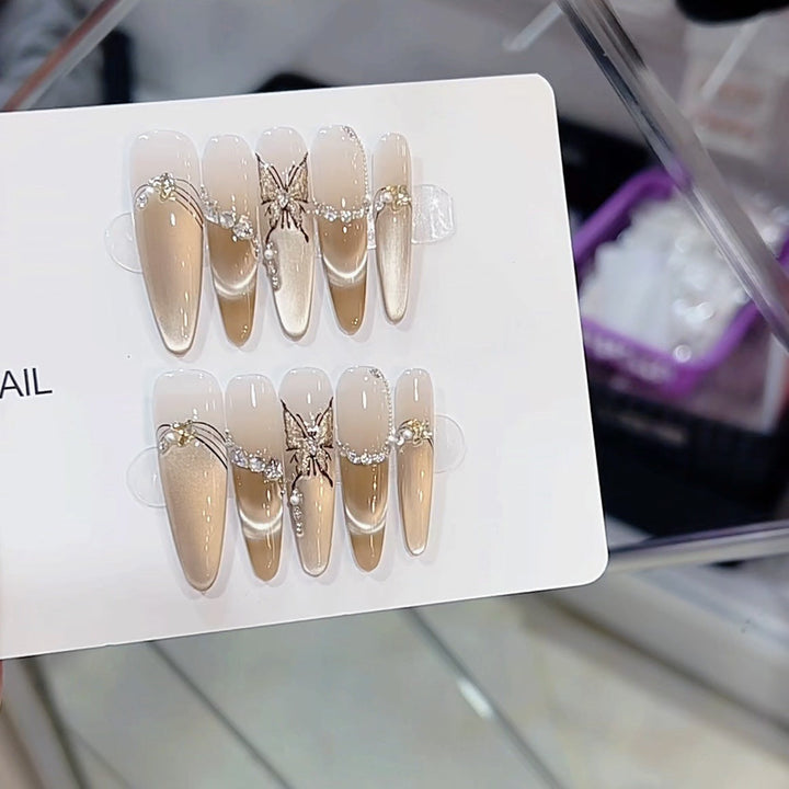 Artistic Butterfly and Pearl-Embellished Press-On Nail Set Kalsten