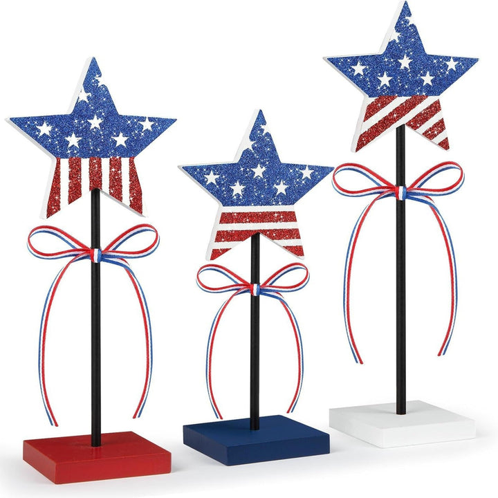 Unisex decorative table toppers made of wood with glittering star tops and ribbon Kalsten
