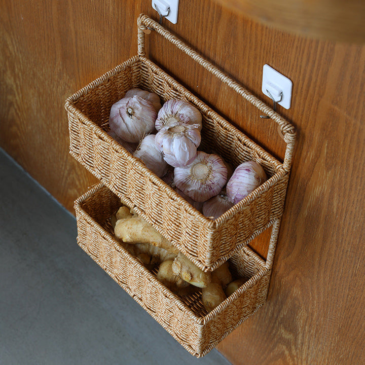 Double-Tier Woven Storage Basket with Handle Kalsten