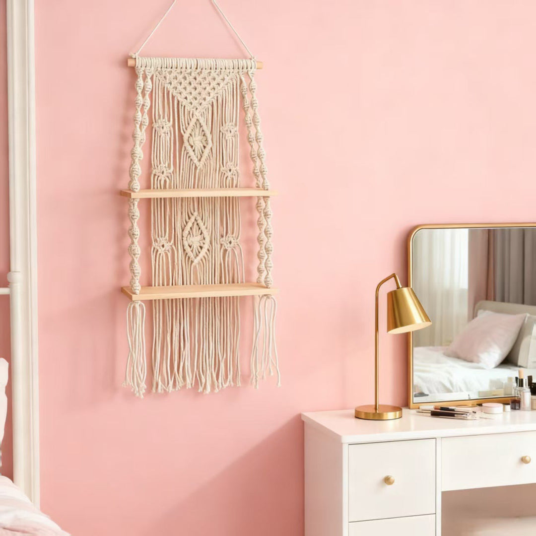 Macrame Hanging Wall Shelf Organizer With Tiered Wooden Ledges And Decorative Fringe