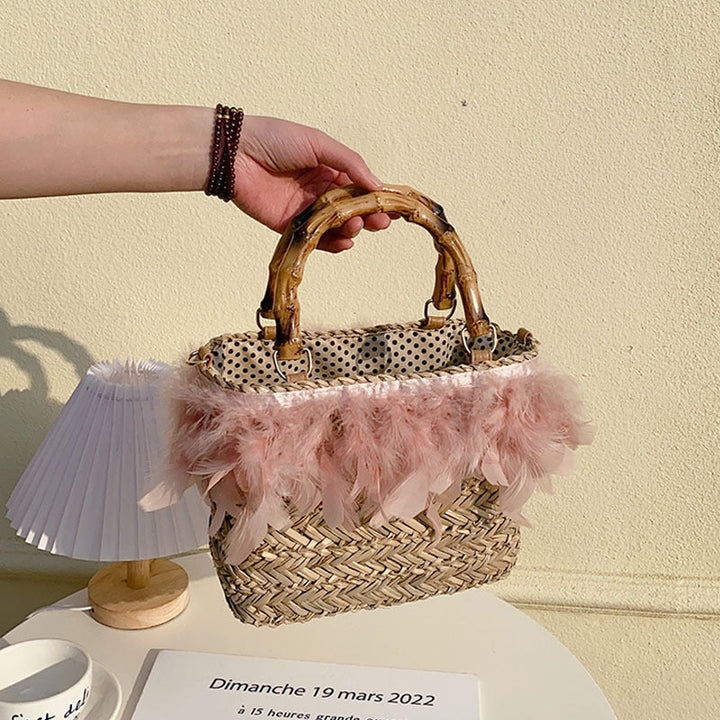 Elegant handbag with feathers and bamboo handles Kalsten