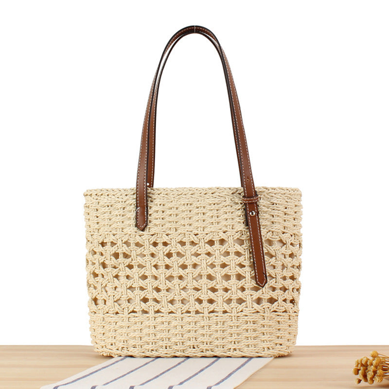 Handbag Made of Handwoven Straw with Elegant Faux Leather Handles Kalsten