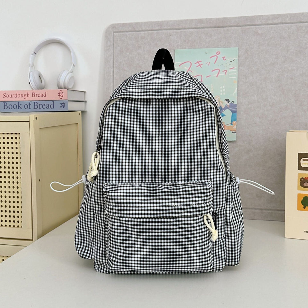 Gingham Print Character-Embellished School Backpack