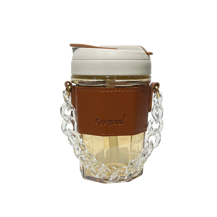 Women drinking cup with elegant leather handle and practical carrying chain Kalsten