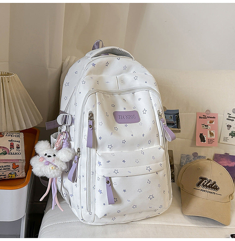 Multi-Pocket Star-Embellished School Backpack