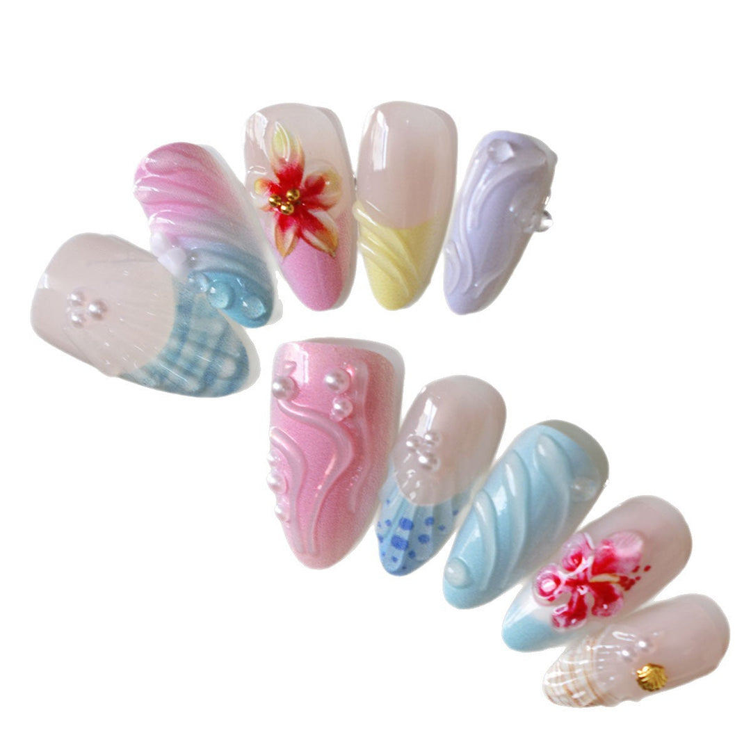 Decorative 3D Floral and Shell Press-On Nail Art Kalsten