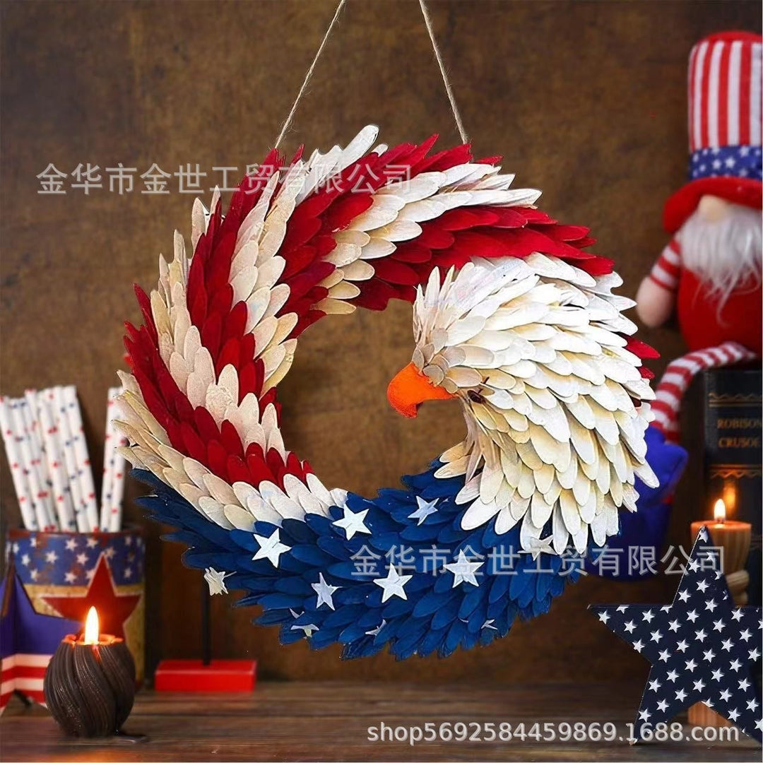 Independence Day rustic round wooden patriotic cross wall plaque with floral accents and God Bless America banner Kalsten