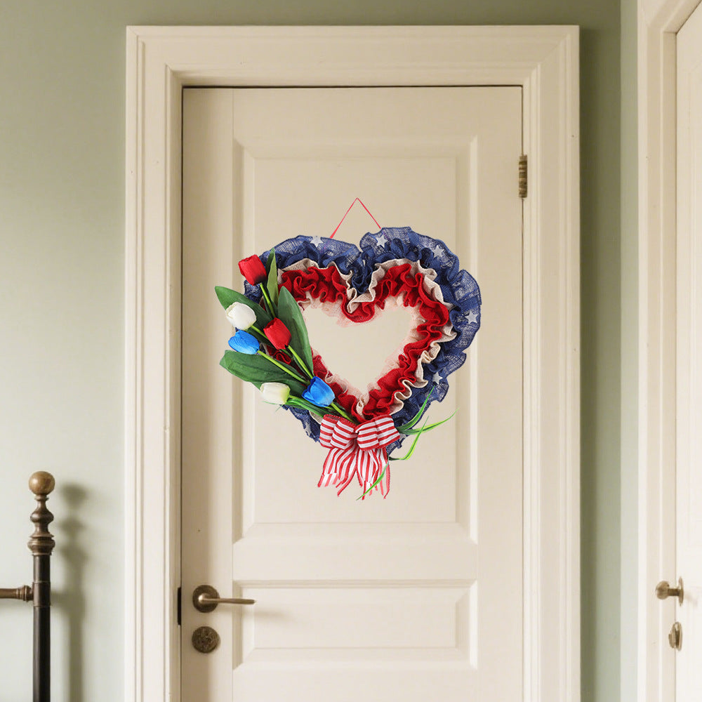 Unisex heart-shaped door wreath made of jute with star embellishments and artificial tulips Kalsten