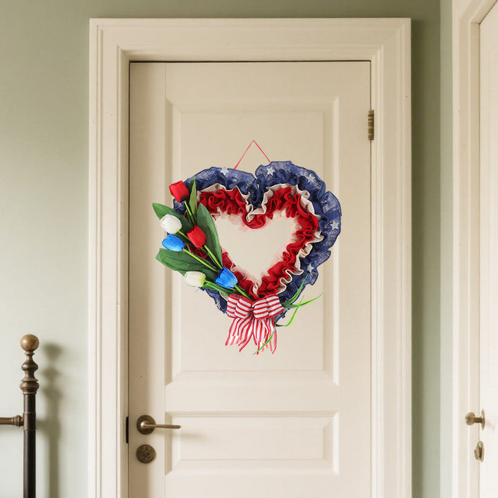 Unisex heart-shaped door wreath made of jute with star embellishments and artificial tulips Kalsten