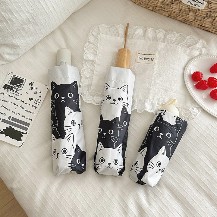 Women Folding Umbrella with Playful Cat Pattern Kalsten